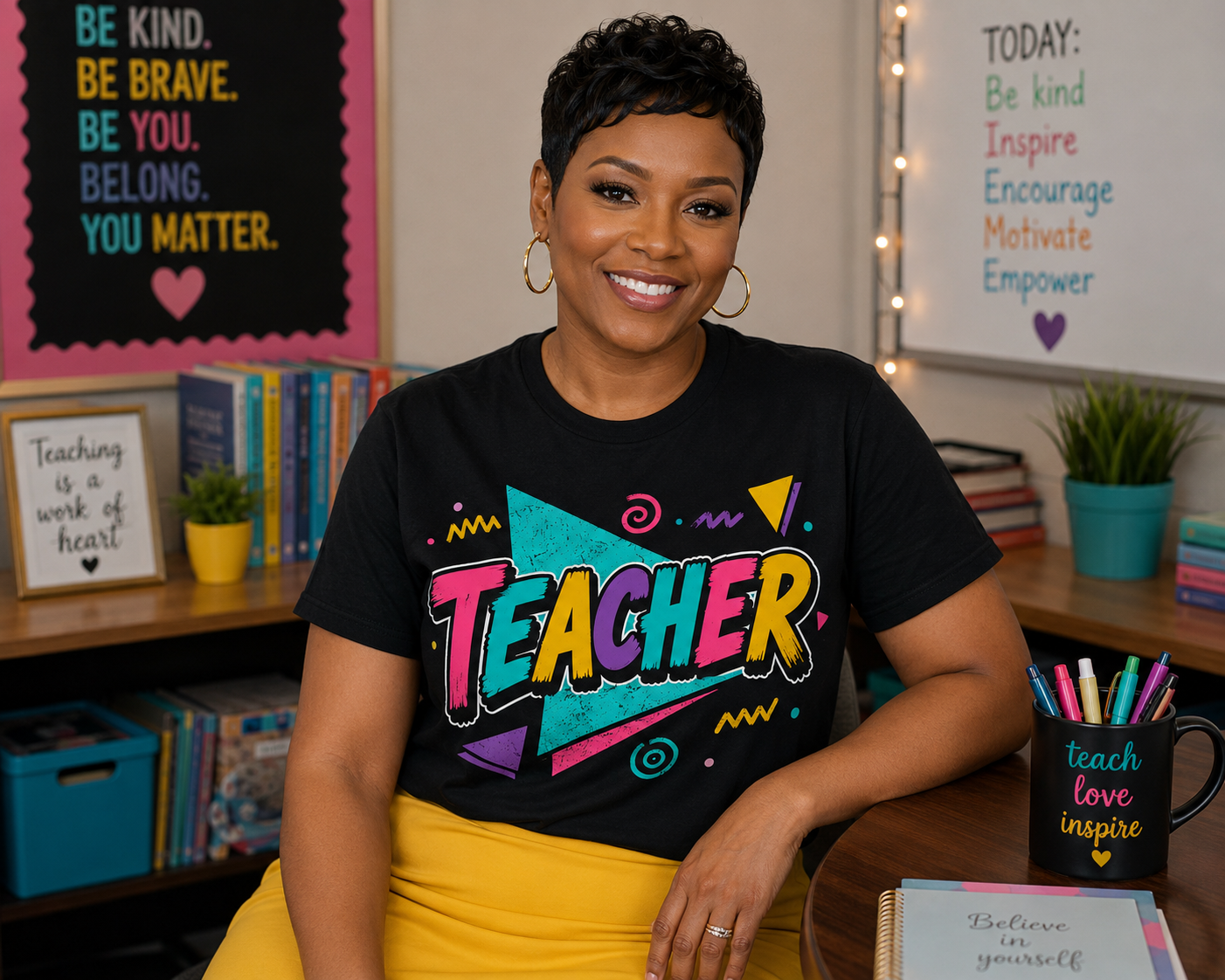 black female wearing bright teacher tshirt