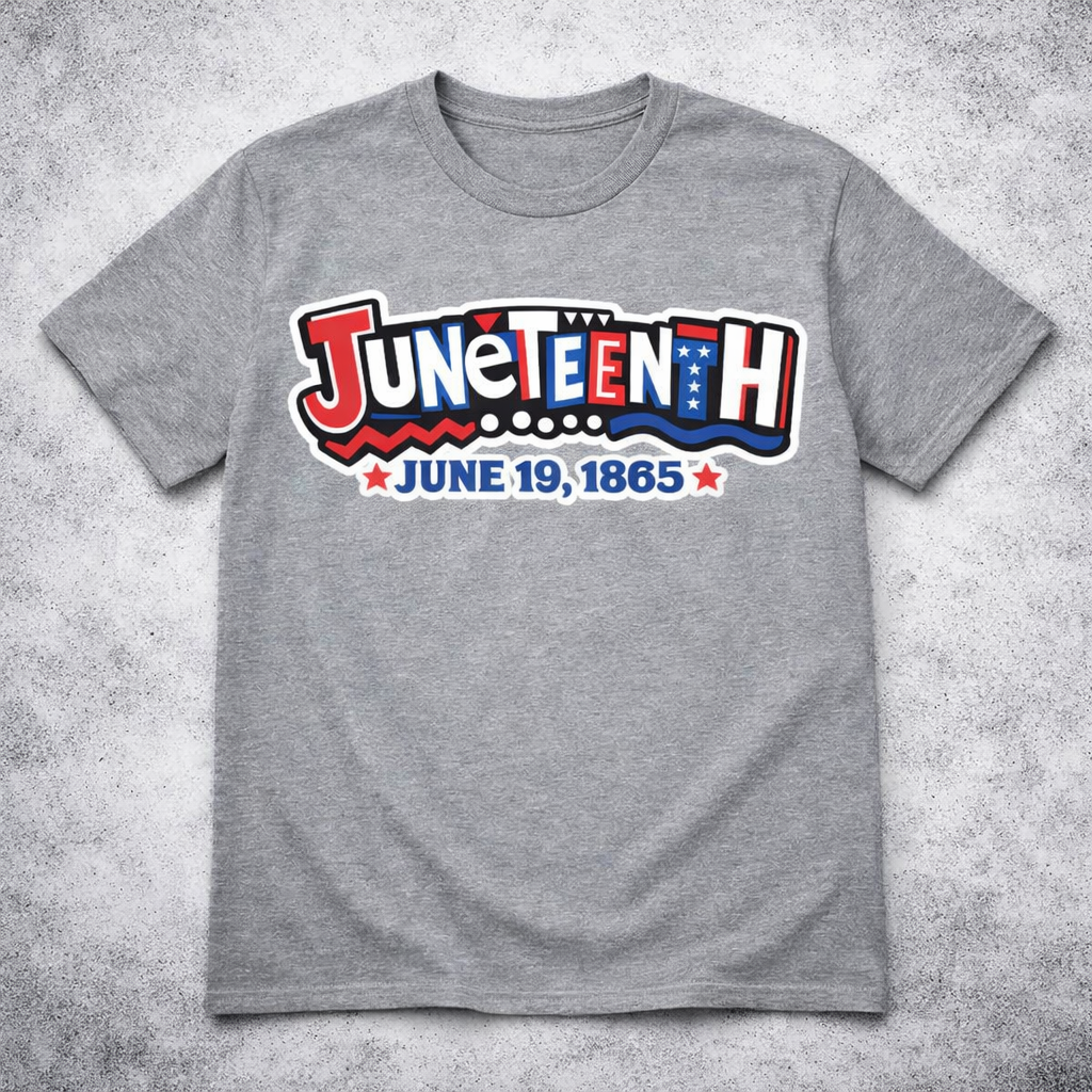 Gray Juneteenth tshirt on a lighter gray background