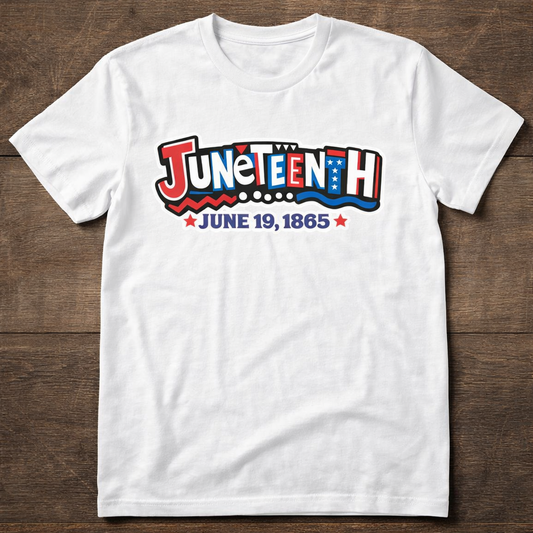 White Juneteenth tshirt on a wooden background