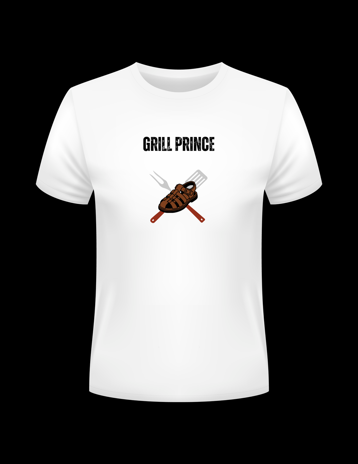 White tshirt saying Grill King with the cookout sandal and cooking utensils