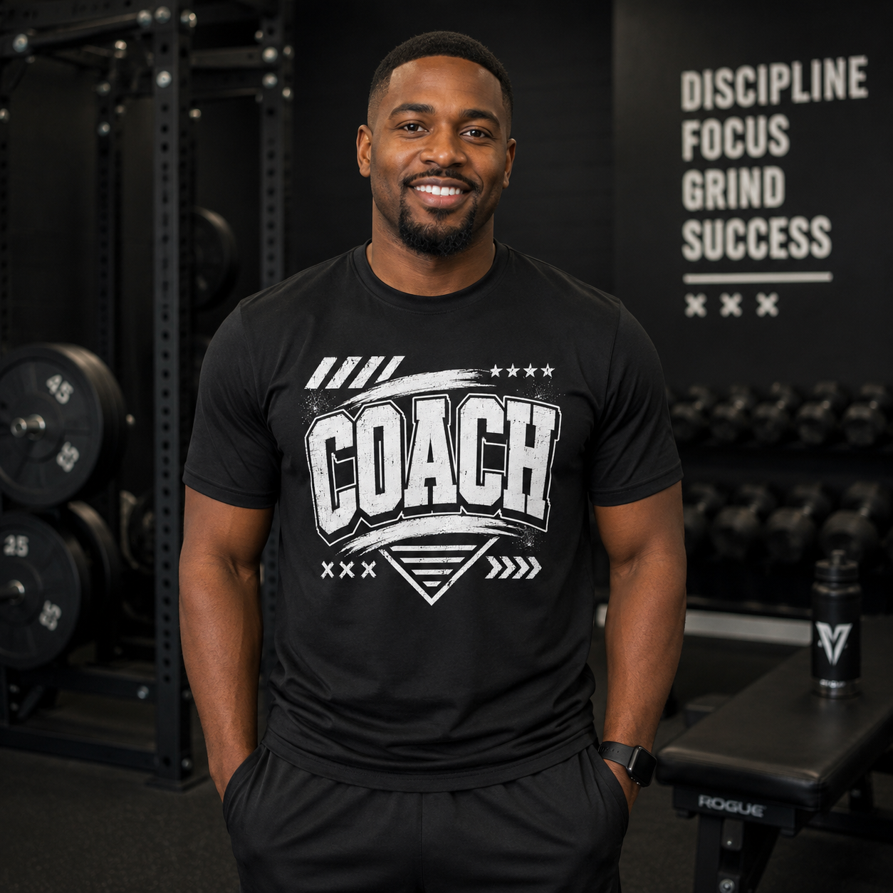 Black male wearing black and white coach tshirt