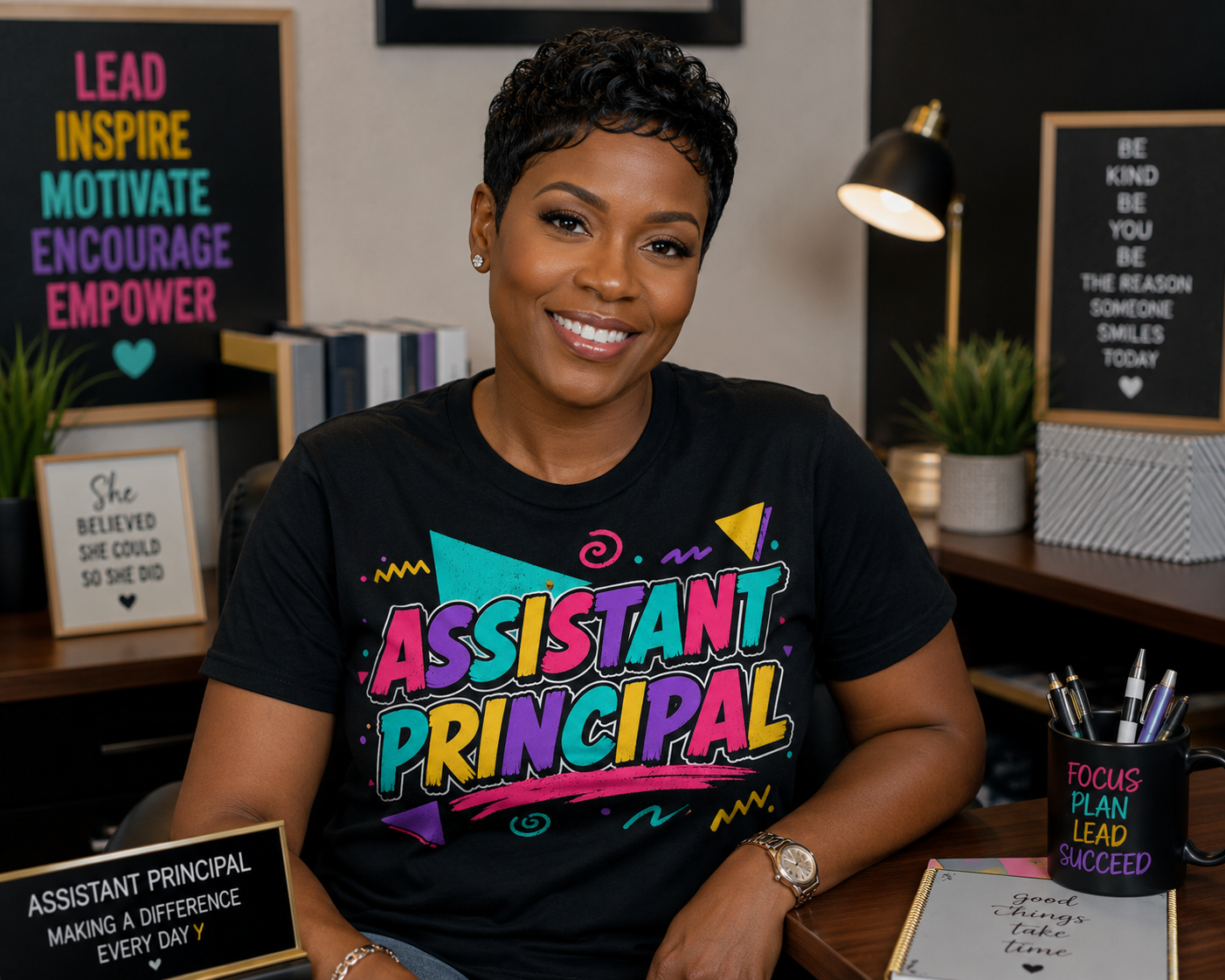 A smiling woman with short black hair sits at a desk wearing a black graphic T-shirt that reads 'ASSISTANT PRINCIPAL' in colorful letters. The setting appears to be a classroom or office with motivational signs, plants, and desk accessories visible in the background.