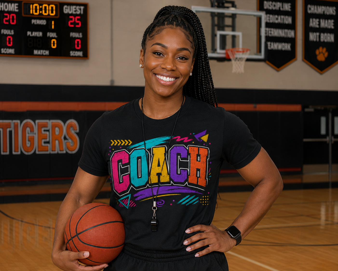 black female wearing bright coach tshirt
