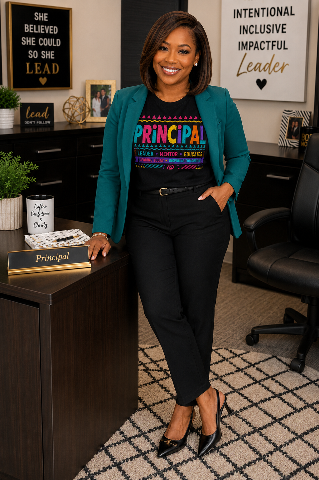 black woman wearing black tshirt that says principal