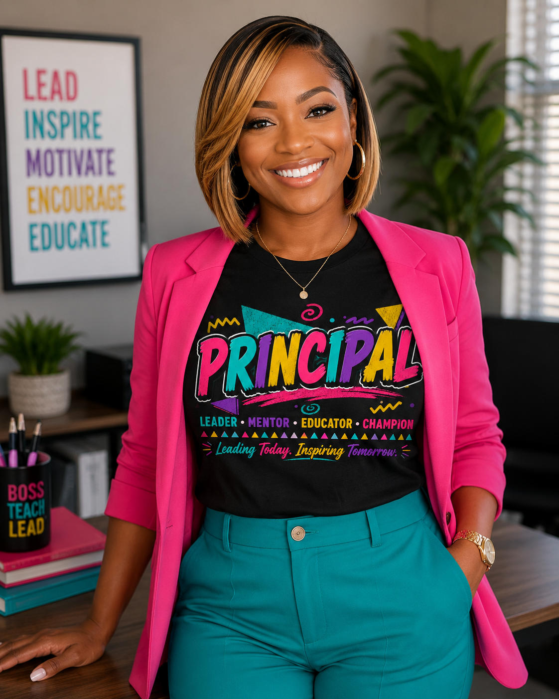 Black woman smiling wearing Principa shirt.   She has a bob with blonde hair, wearing a pink jacket and teal pants in an office setting.