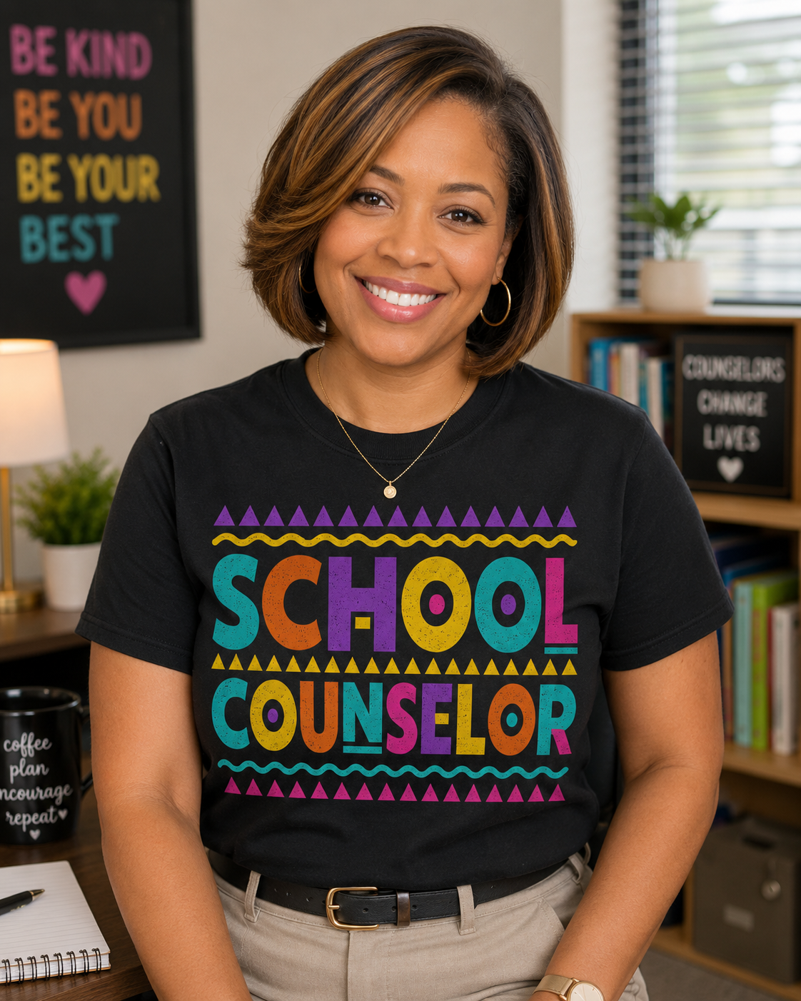 Black woman with a bob and honey blonde highlights wearing a black teacher that says SCHOOL COUNSELOR in bright colors, teal, orange, purple, yellow and hot pink.