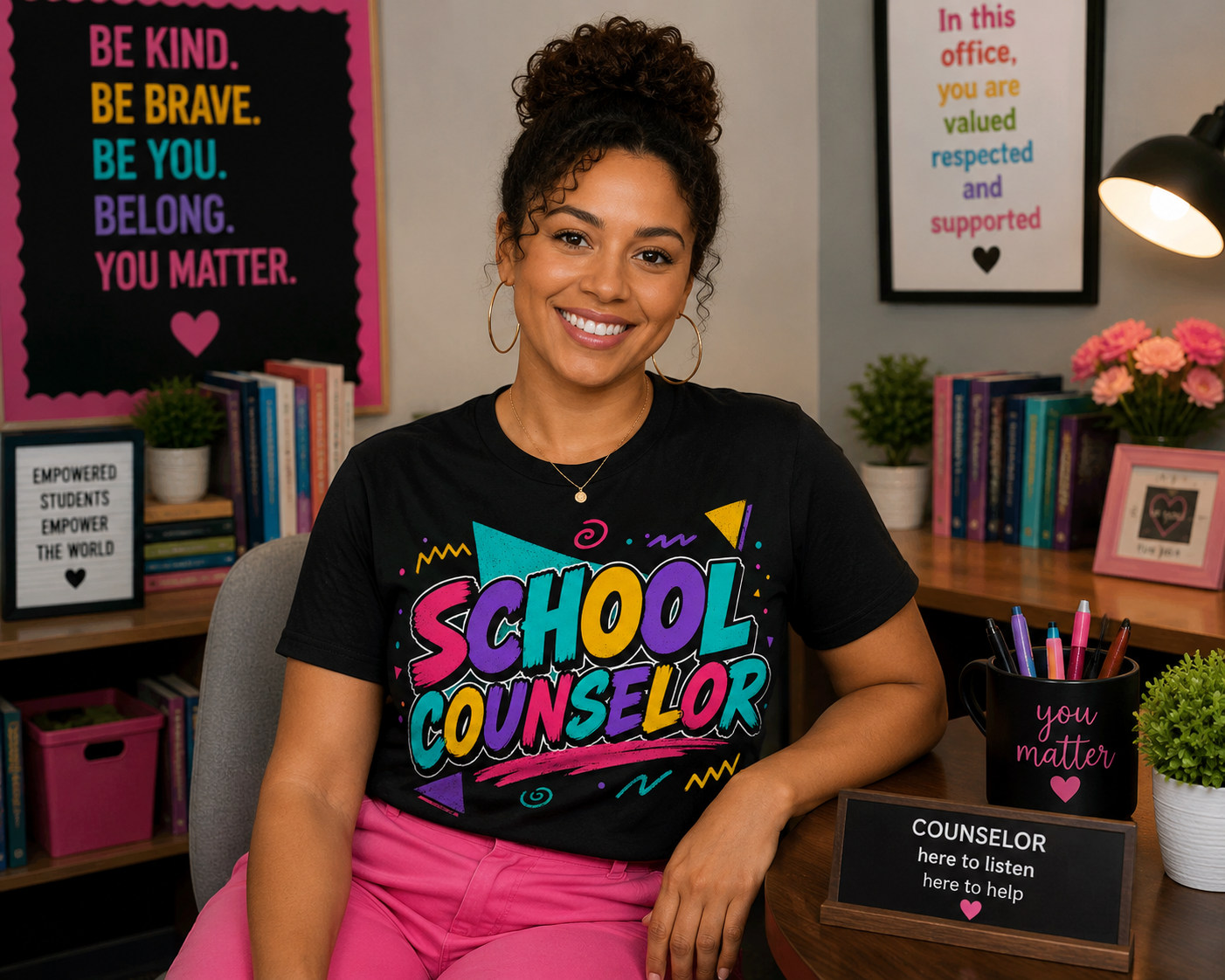 black female wearing bright school counselor tshirt