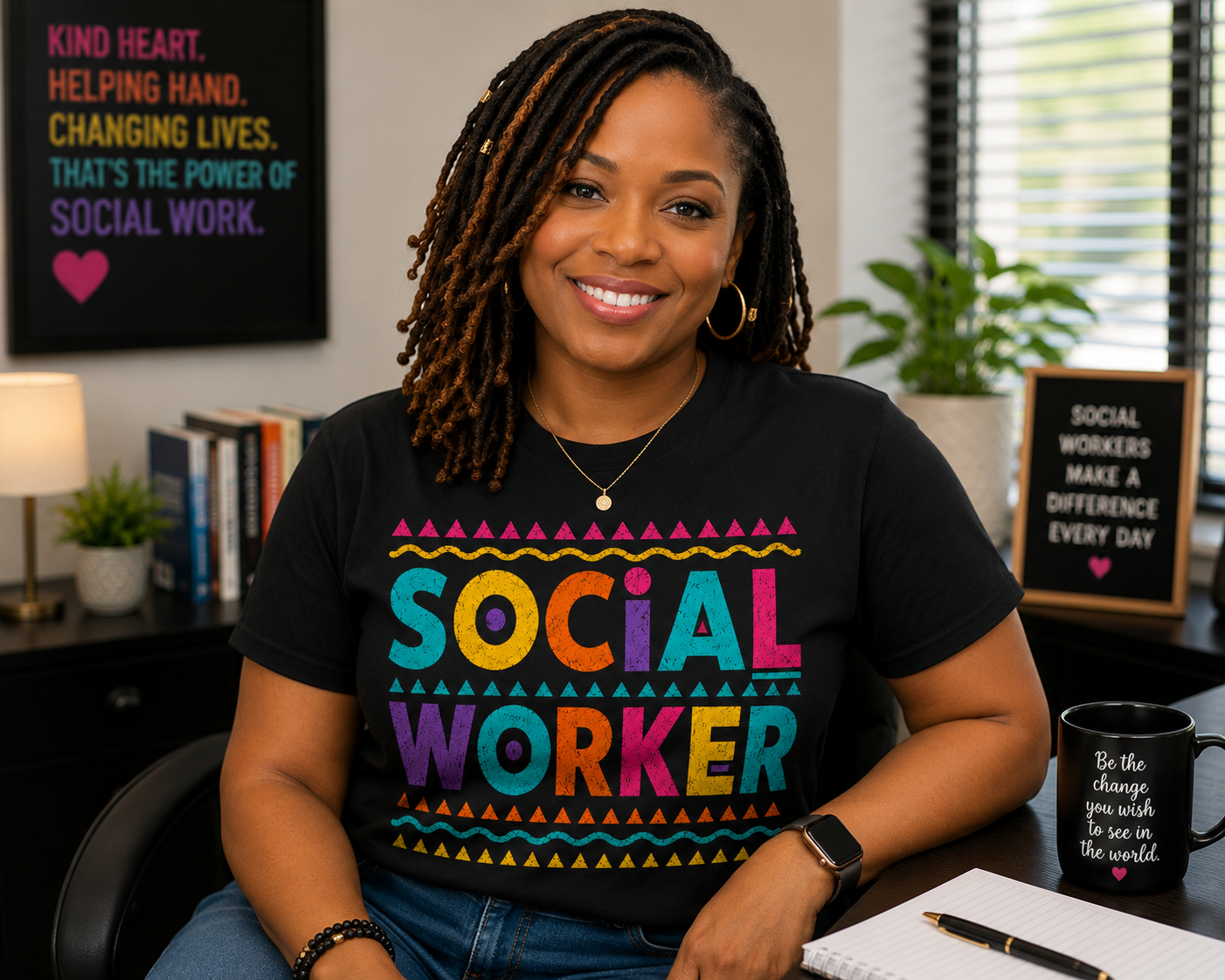 Black woman with locs wearing a black social worker t-shirt with bright letters, teal, yellow, orange, purple and pink.