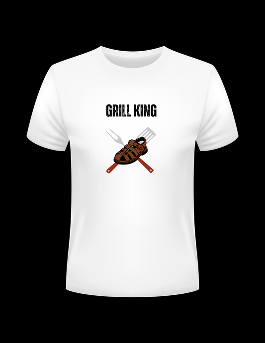 White t-shirt with 'Grill King' graphic design on a black background