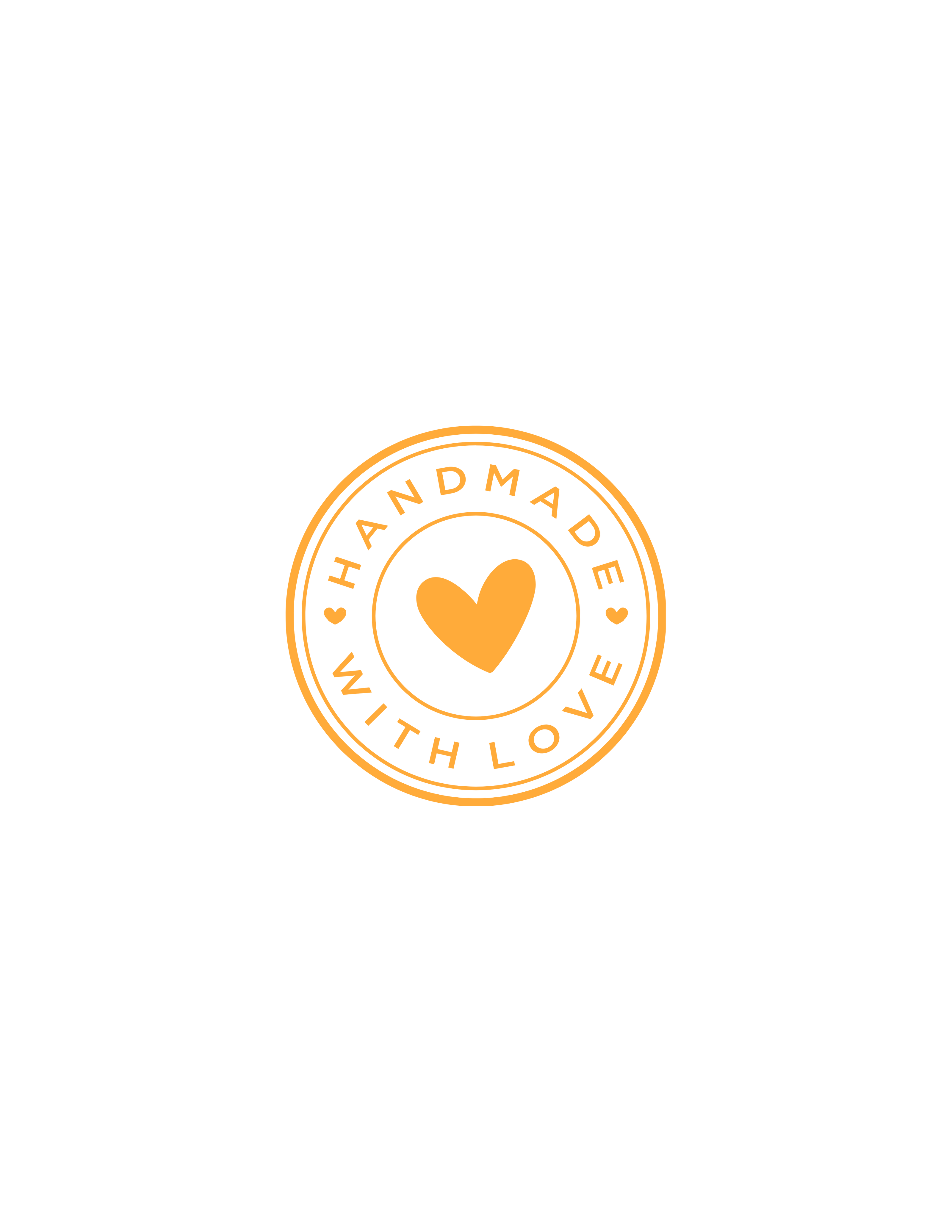 hand made with love written in yellow font on a white background.  Written in a circle with a heart in the center.
