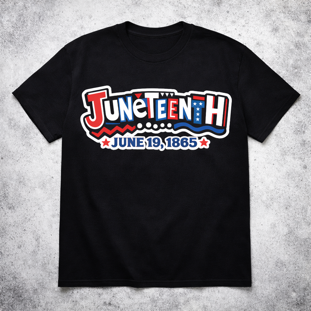 black juneteenth shirt with red, white, and blue writing