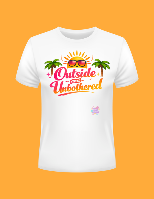 White t-shirt with 'Outside and Unbothered' design on an orange background