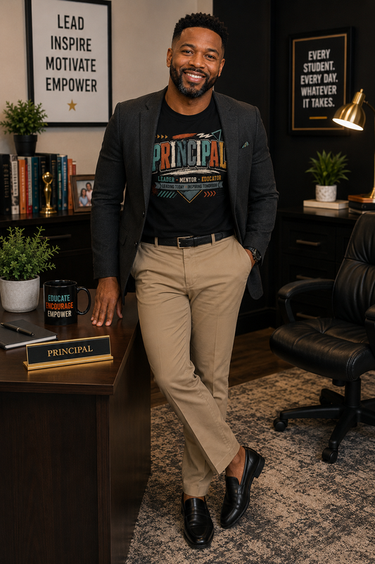 Black male principal wearing vintage Principal Tshirt in an office