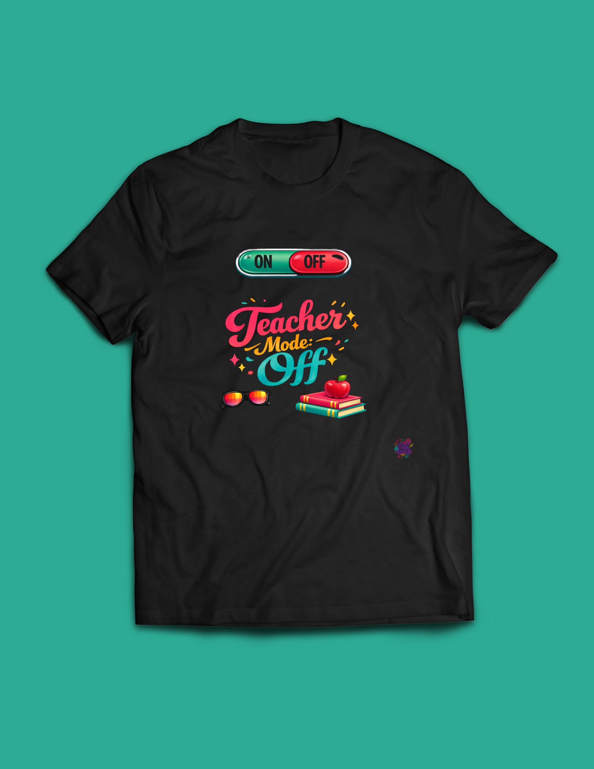 Black t-shirt with colorful text and graphics on a teal background