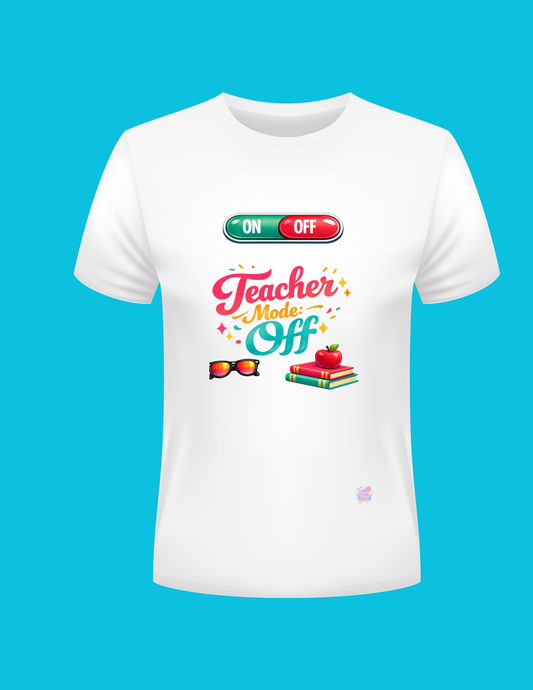 White t-shirt with colorful text and graphics on a blue background