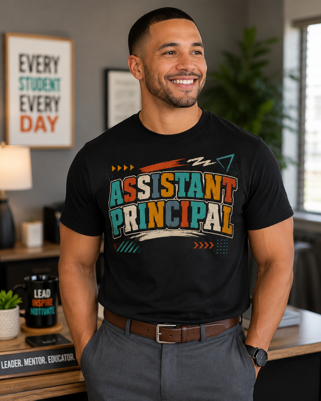 A smiling man wearing a black graphic t-shirt that reads 'ASSISTANT PRINCIPAL' in colorful retro-style letters, standing in a modern office environment.