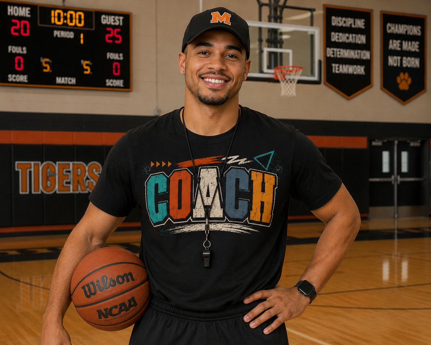 black male wearing vintatge coach tshirt