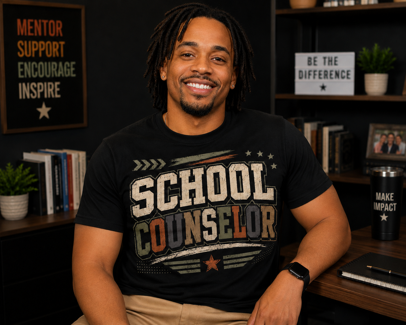 Black male school counselor wearing vintage school counselor tshirt