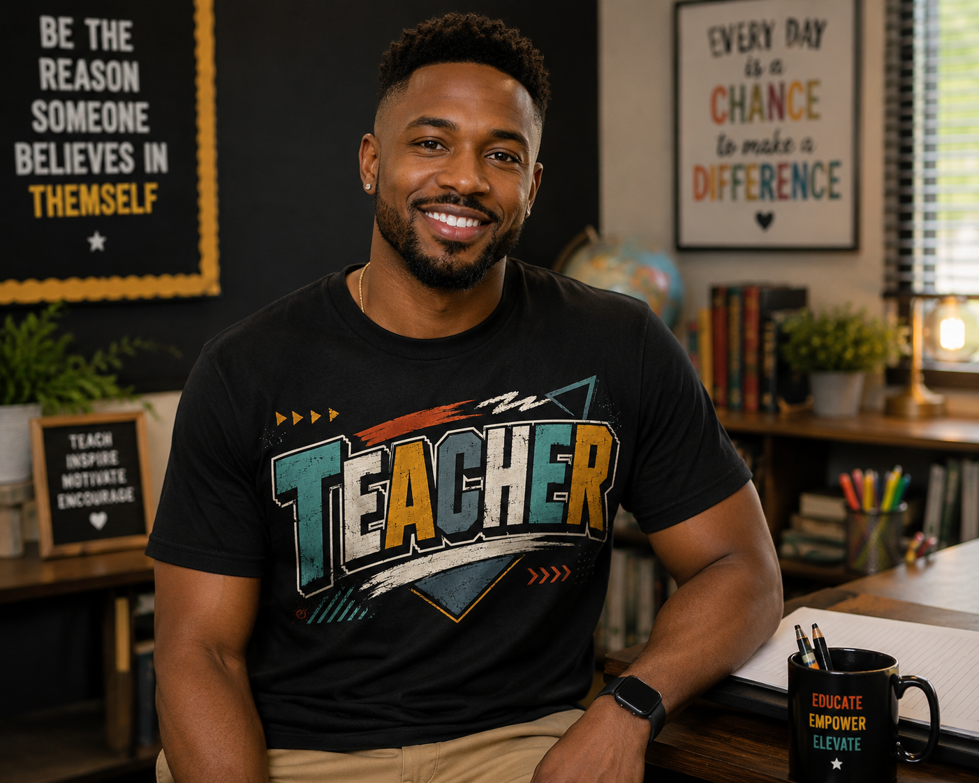 Black male wearing vintage Teacher Tshirt