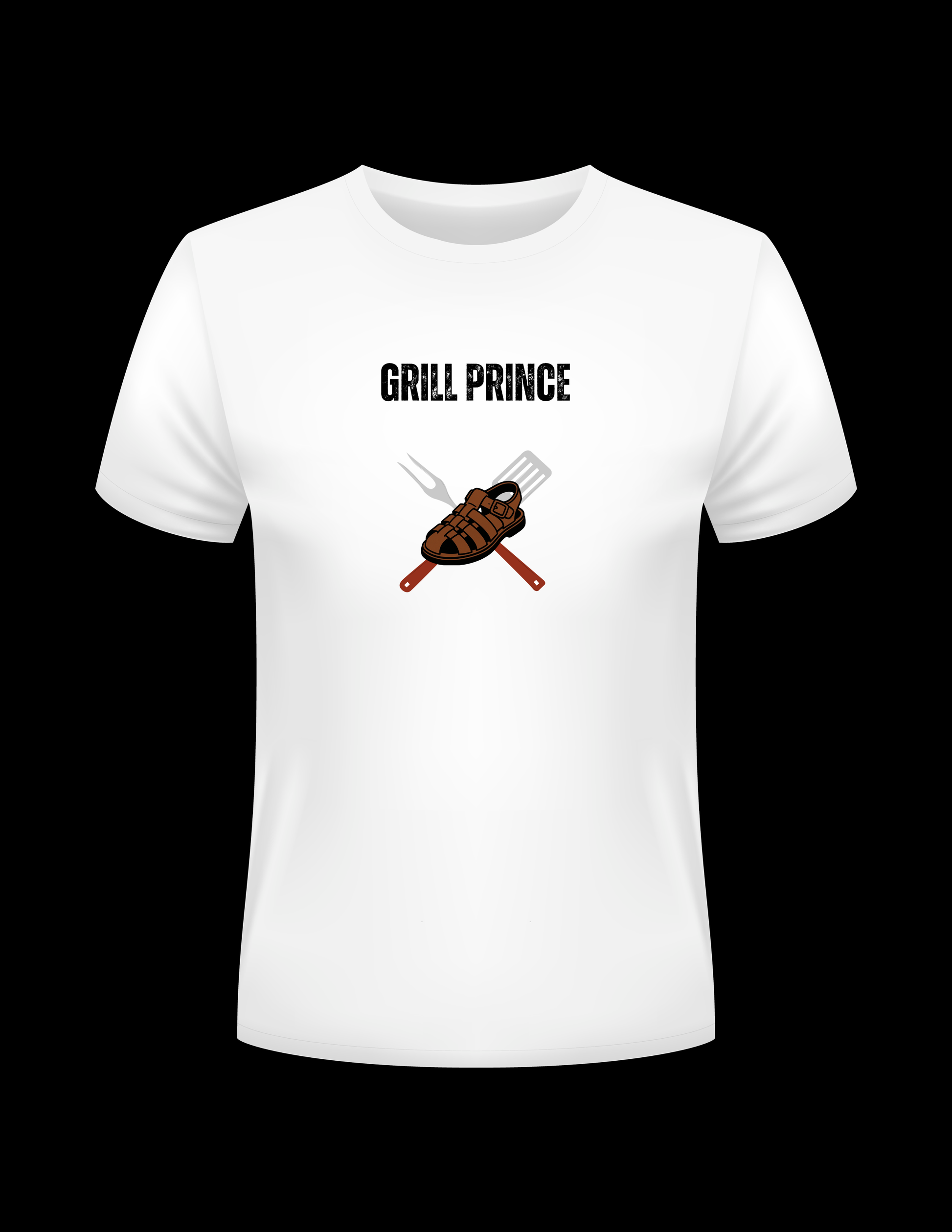 White tshirt saying Grill King with the cookout sandal and cooking utensils