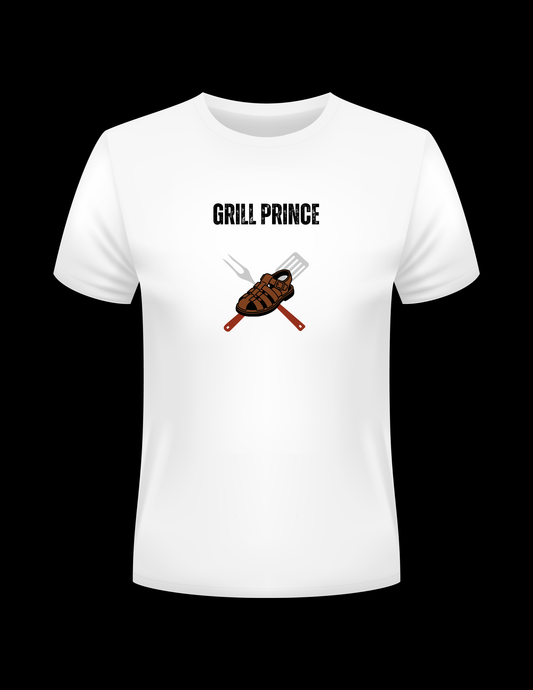 White tshirt saying Grill King with the cookout sandal and cooking utensils