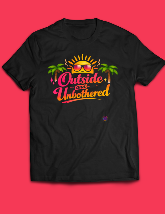 Black outside and unbothered tshirt on coral back ground.  Tshirt features sun with sunglasses and palm trees